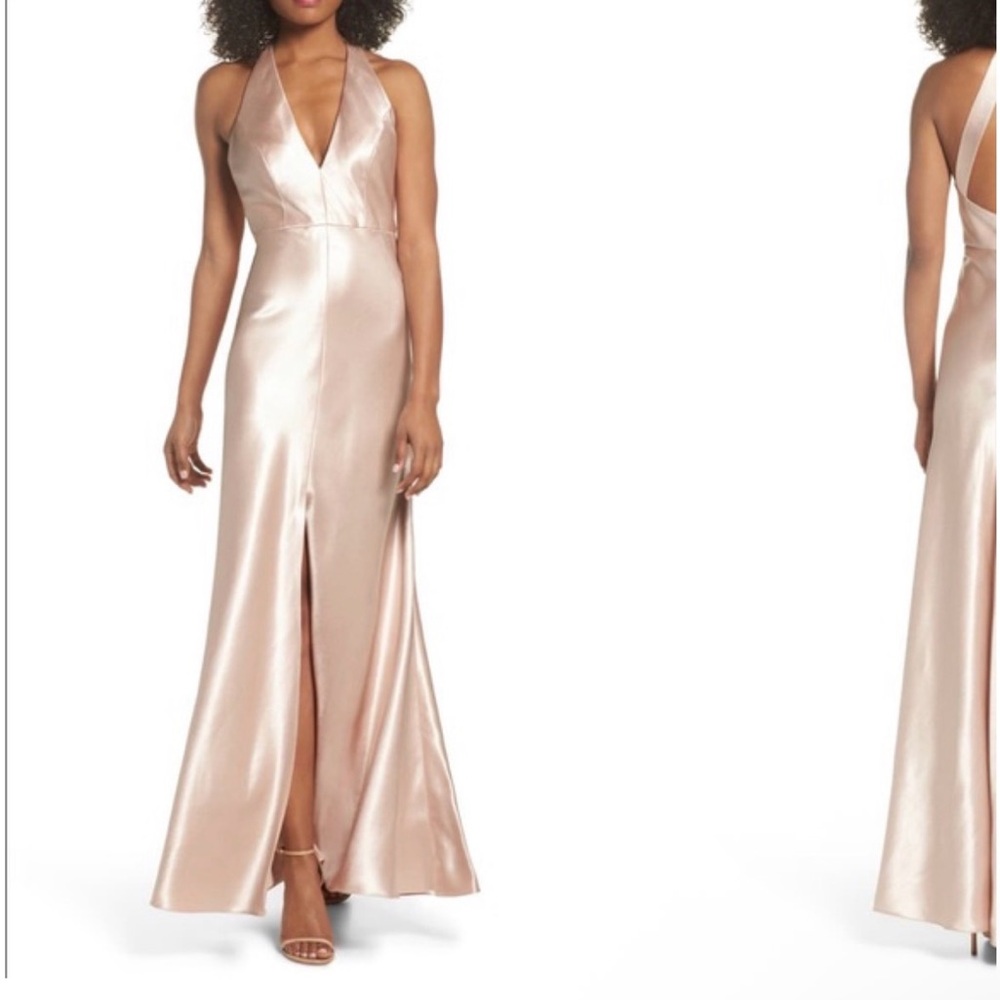 Jenny Yoo Blush Satin Halter Maxi Dress
